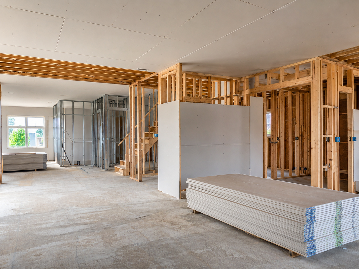 Drywall and metal framing work in progress